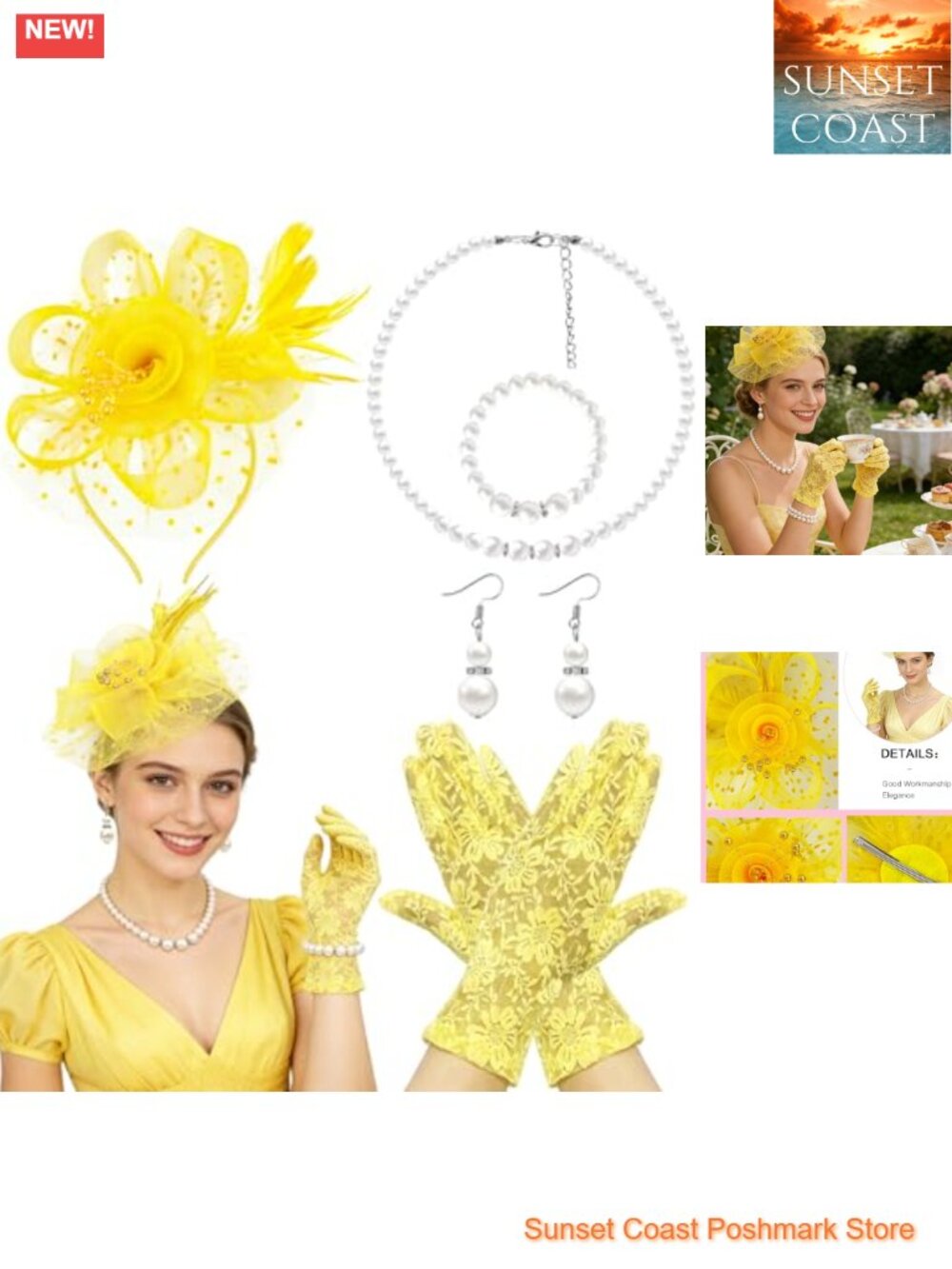 Women's Fascinator Hat & Lace Glove Set with Faux Pearl Jewelry, Tea Party